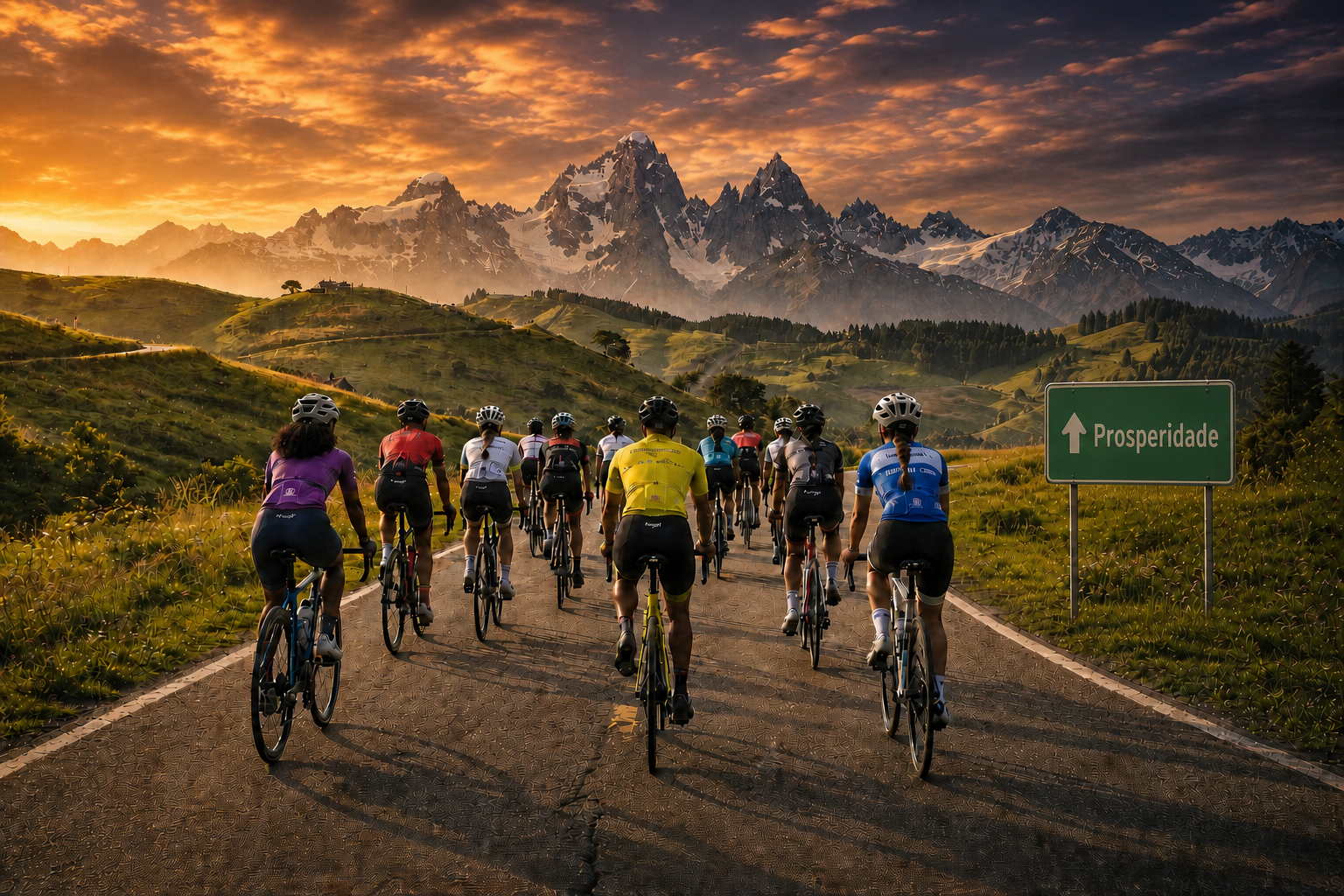 Grupo de ciclistas pedalando juntos rumo à prosperidade ao pôr do sol