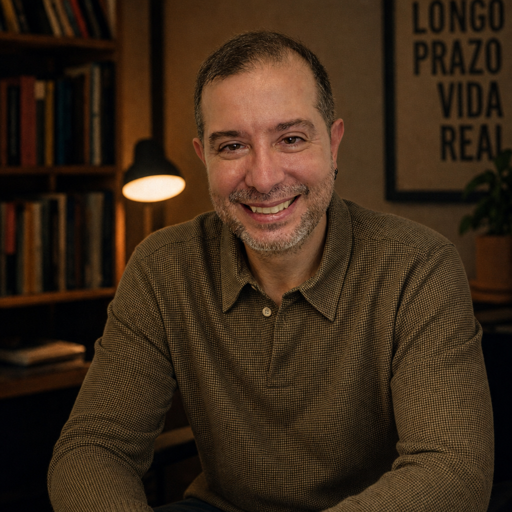 Retrato de Fabio Pupo em ambiente de trabalho, com o cartaz 'Longo Prazo, Vida Real'