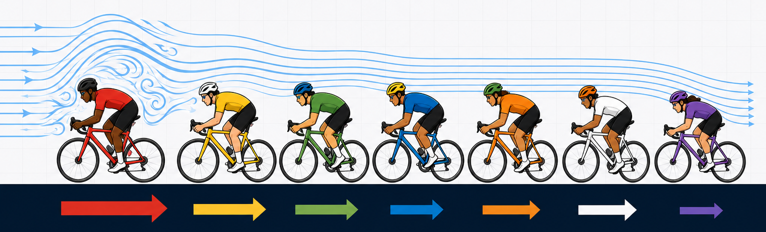 Ilustração de ciclistas em fila indiana demonstrando o efeito drafting, com linhas de ar e setas indicando a direção do movimento